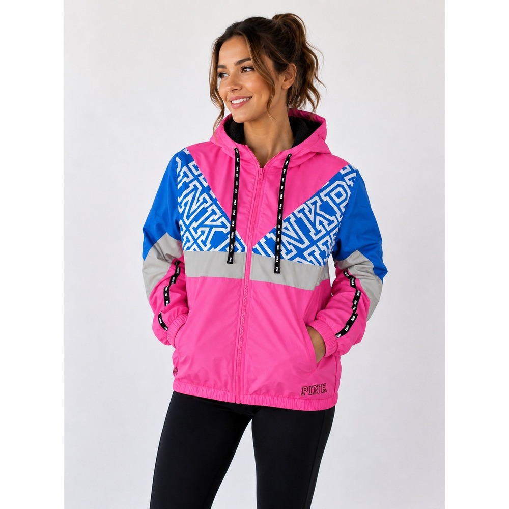 Victorias Secret PINK M/L Sherpa Lined Hooded Colorblock Windbreaker Jacket